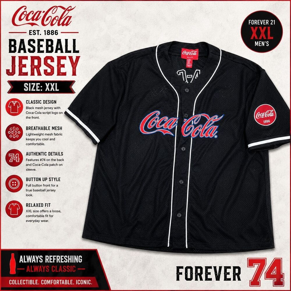 Coca Cola Forever 21 XXL Black Mesh Baseball Jersey 1886 Button Up #74
